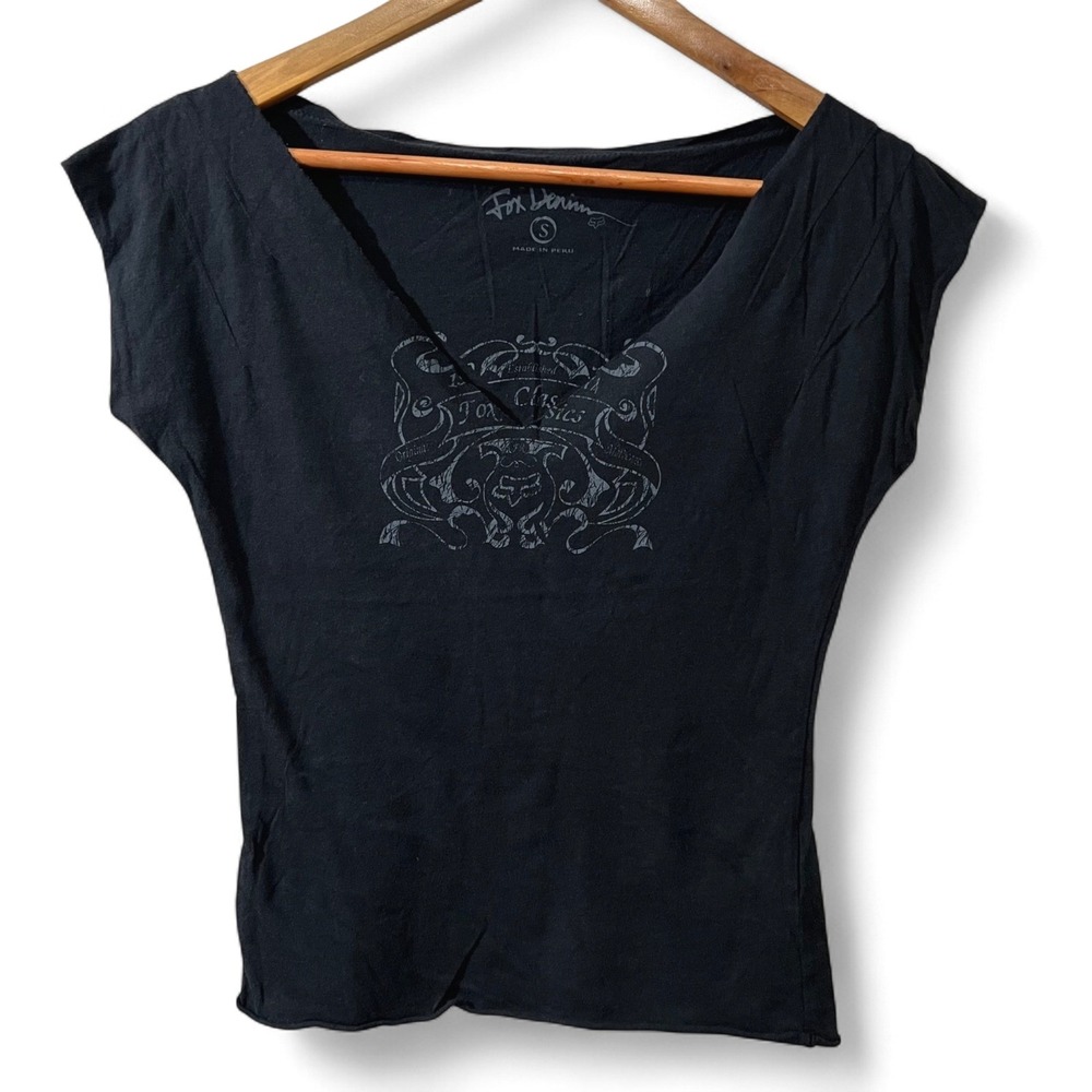 Fox Denim Black Graphic Tee‎ Womens Small V-Neck Moto Biker Y2K Stretch Shirt